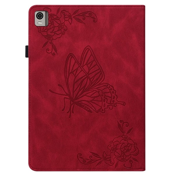 Nokia T21 Butterfly Flower Imprinted Flip Cover Ridsefast Vegansk Læder Kortholder Stand Tablet Etui with Pencil Holder - Rød