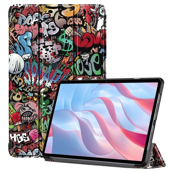 Vegansk lærveske til nettbrett Honor Pad X9 / Pad X8 Pro, mønsterutskrift Trifold Stand Folio beskyttelsesdeksel - Graffiti