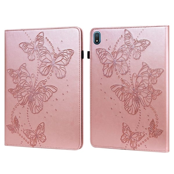 Nokia T20 Butterfly Imprinted Tablet stander etui Vegansk Læder Kortholder stødsikkert Cover med elastikbånd - Rødguld