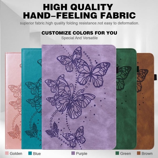 Nokia T20 Butterfly Tablet Stand-etui med påtrykk Vegansk lær Kortholder Støtsikkert deksel med elastisk bånd - Lilla