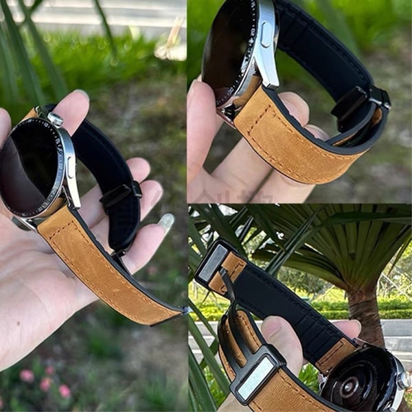 Samsung Galaxy Gear S3 Classic / Huawei Watch GT 4 46 mm magnetisk klokkerem i ekte okselær, 22 mm - Lysebrun