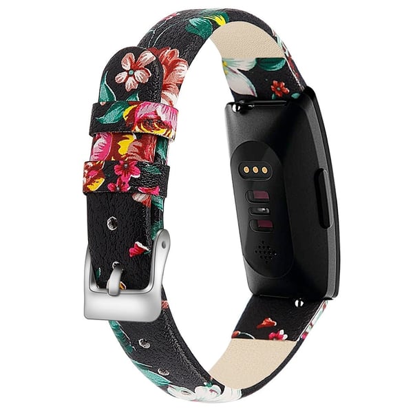 Fitbit Inspire / Inspire HR Smart Watch Band Top-layer Cow Leather Håndledsrem - L / Sort + Rød Blomst