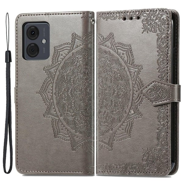 Mandala Motorola Moto G14 etui i lær - Grå