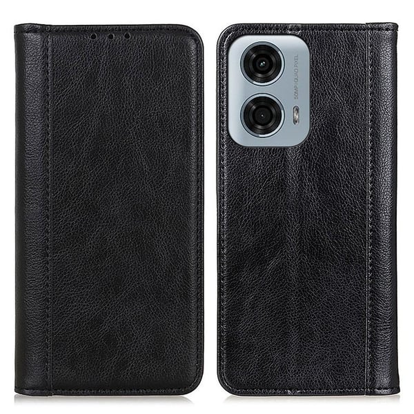 Ekte lærdeksel med magnetisk lukking for Motorola Moto G34 - Svart