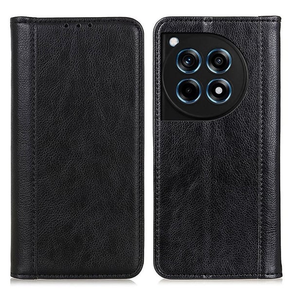 Ekte lærdeksel med magnetisk lukking for OnePlus 12R / OnePlus Ace 3 - Svart