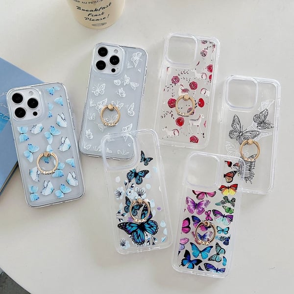 Marmormønstret deksel med ringholder for iPhone 15 Pro - Style F