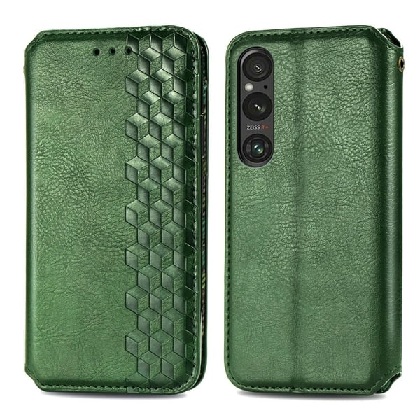 Sony Xperia 1 V læderetui med stilfuldt rombe aftryk - Grøn