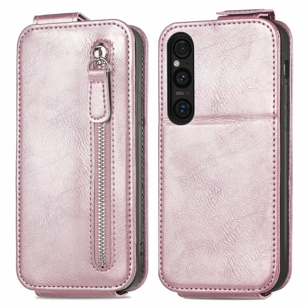 Vertikalt flip-deksel med glidelås for Sony Xperia 1 V - Rose Gull