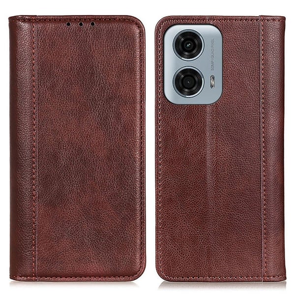 Ekte lærdeksel med magnetisk lukking for Motorola Moto G04 / Motorola Moto G24 - Brun