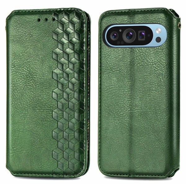 Skinn-etui med stilfult rombeavtrykk for Google Pixel 9 - Grønn