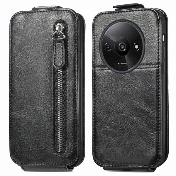 Vertikalt flip-deksel med glidelås for Xiaomi Redmi A3 / Xiaomi Poco C61 - Svart