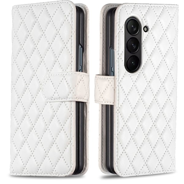 Matt Samsung Galaxy Z Fold5 fodral med rombmönster - Vit Matt Samsung Galaxy Z Fold5 fodral med rombmönster - Vit