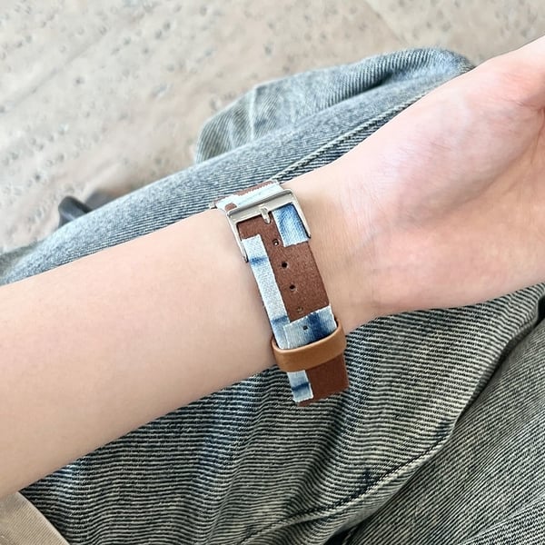 Apple Watch Series 41mm - 40mm - 38mm Armbånd Denim+Vegan lær lærarmbånd - Blå Farging + Brun