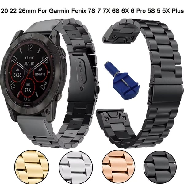 Rustfritt stålrem Garmin QuickFit 22mm / Garmin Fenix 7 / 7 Pro / 6 Three Beads Watchband - Gull