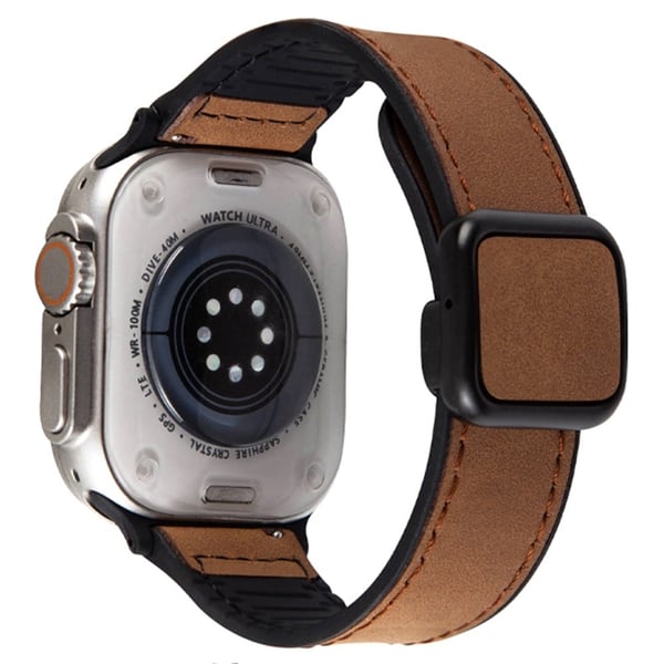 Apple Watch Series 49mm - 45mm - 44mm - 42mm Vegansk læder+silikone urrem - Mørkebrun