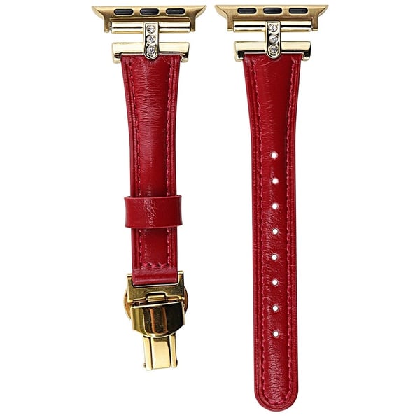 Apple Watch Series 49mm - 45mm - 44mm - 42mm aito naudannahkaranneke - Punainen + Kultainen Solki
