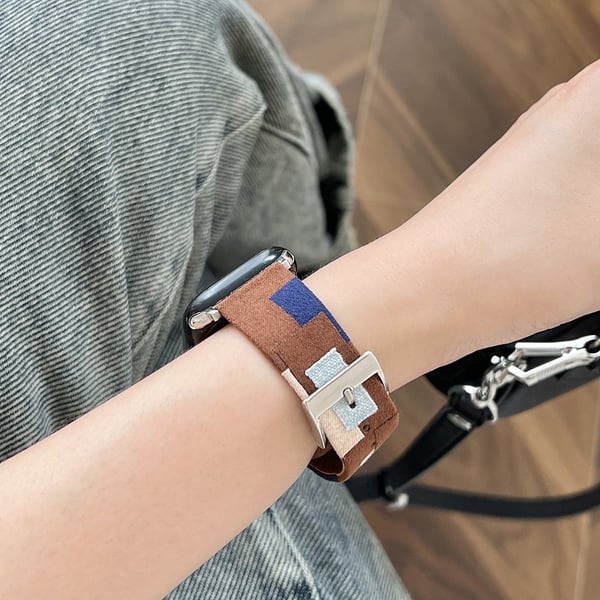 Apple Watch Series 49mm - 45mm - 44mm - 42mm Denim+Vegan lærklokkearmbånd - Skjøteklut + Brun