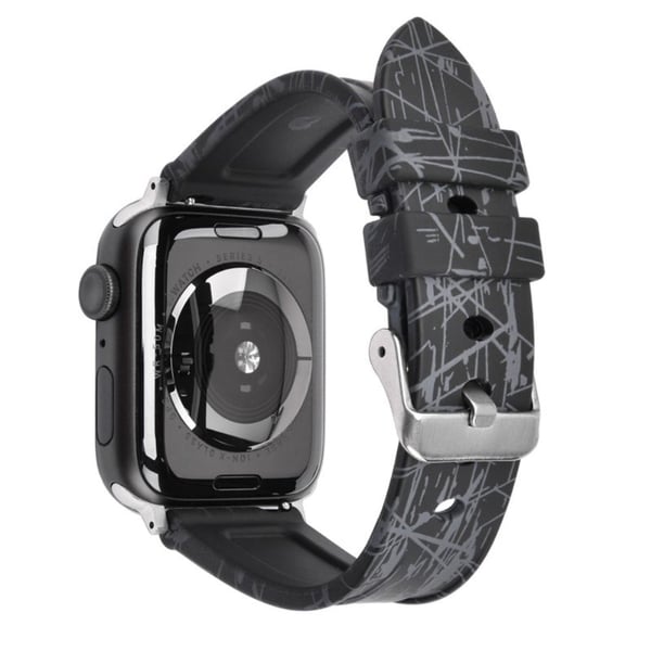 Apple Watch Series 49 mm - 45 mm - 44 mm - 42 mm gummiklokkearmbånd, sølvspenne - Svart