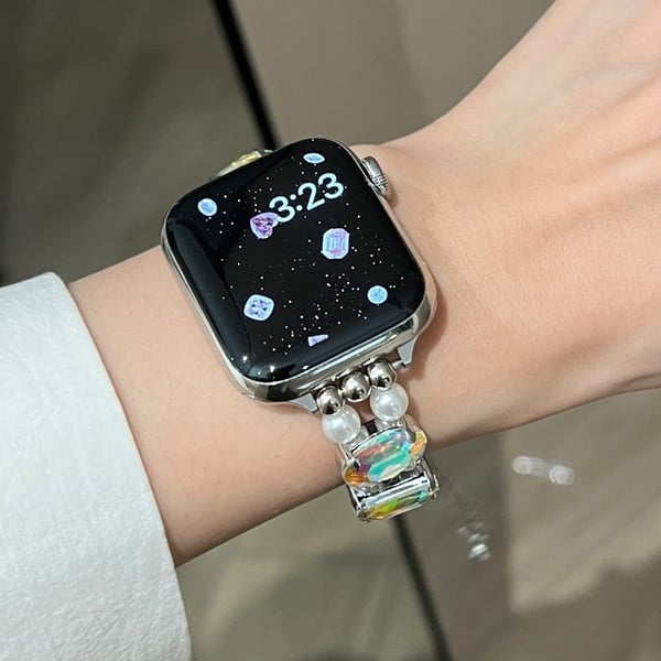 Klokkerem Apple Watch Series 49mm - 45mm - 44mm - 42mm - Elastisk Stil / Laserperle + Hvit Perle