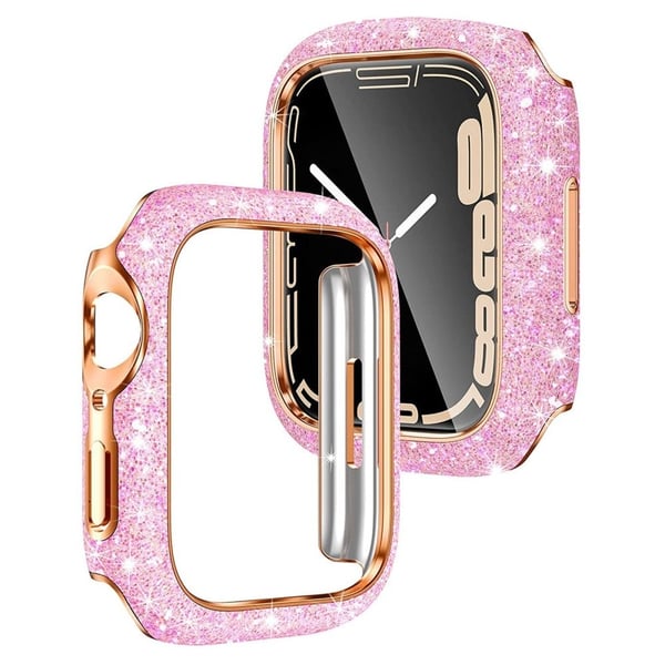 Apple Watch Series 9 / 8 / 7 45mm Urkasse Glitter Crystal Decor Hard Bump resistant Protective Frame - Lyserød