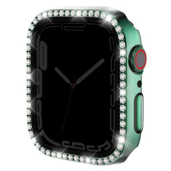 Urkasse Apple Watch Series 9 / 8 / 7 41mm Rhinestone Bump-resistent ramme med anti-spy hærdet glasfilm - Grøn