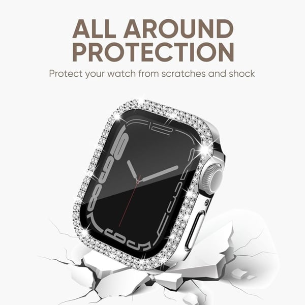 Apple Watch Series 9 / 8 / 7 45 mm urkasse Rhinestone støtbestandig ramme med antispion herdet glassskjermfilm - Rød