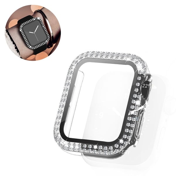 Apple Watch 44mm rhinestone decor cover + hærdet glas - Sort