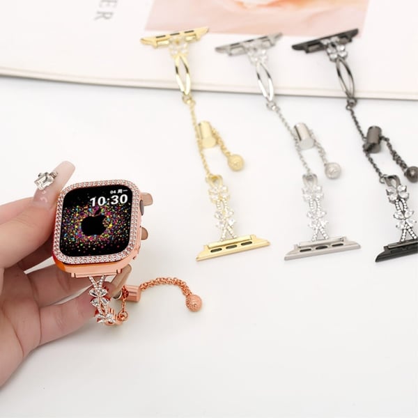 Rhinestone Flower Copper Band Apple Watch Series 49mm - 45mm - 44mm - 42mm Armbånd - Rose Gull