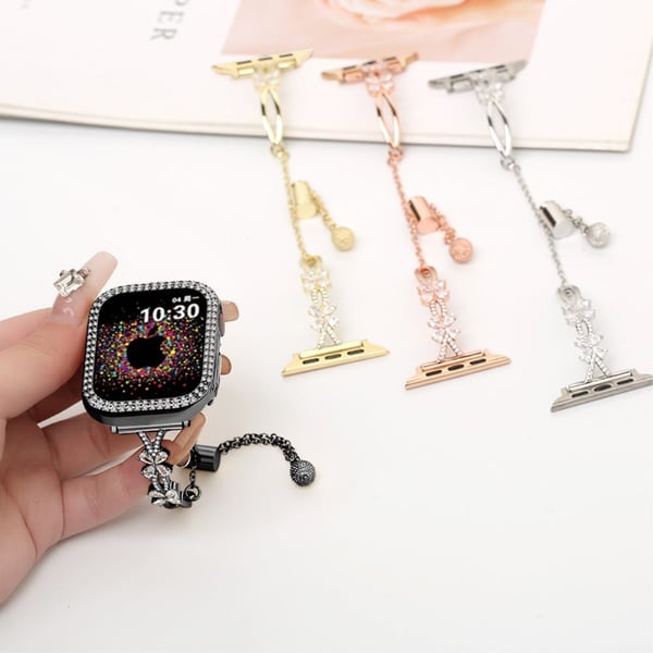 Rhinestone Flower Decor Strap Apple Watch Series 41mm - 40mm - 38mm kobberarmbånd - Svart