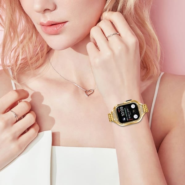 Apple Watch Series 7 / 8 / 9 41 mm erstatningsrem i rustfritt stål med 7 perler med urkasse - Gull