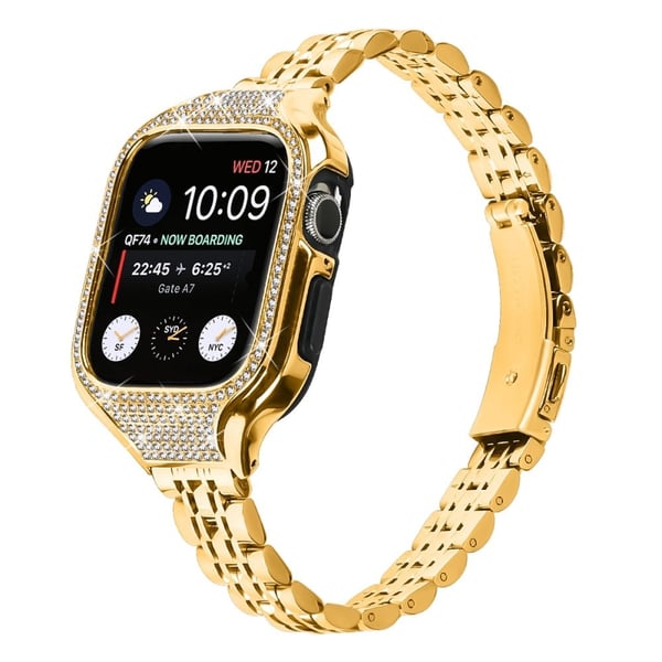 Apple Watch Series 7 / 8 / 9 41 mm erstatningsrem i rustfritt stål med 7 perler med urkasse - Gull