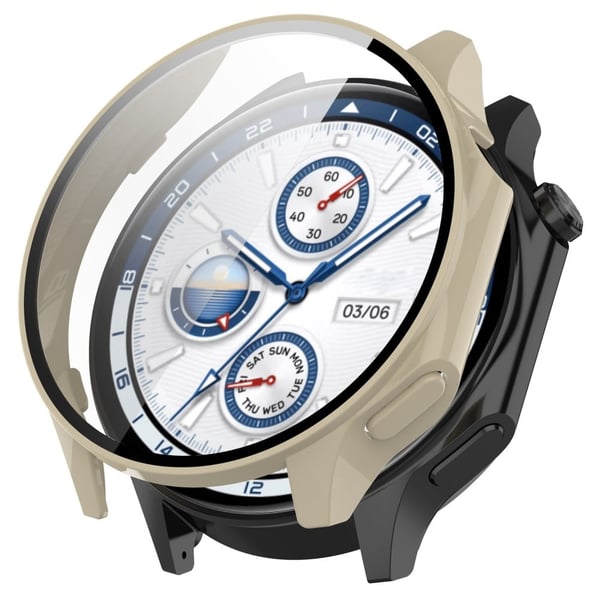 Oppo Watch X / Watch 2 46 mm fallbeskyttelse støtsikkert dekselet til klokkerammen med skjermfilm i herdet glass - Beige Oppo Watch X / Watch 2 46 mm fallbeskyttelse støtsikkert dekselet til klokkerammen med skjermfilm i herdet glass - Beige