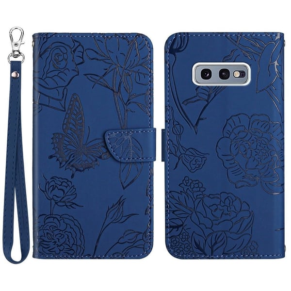 Til Samsung Galaxy S10e PU læder Butterfly Flower Imprinted Stand Flip Cover Skin-touch Feeling Magnetisk Folio Cover med håndrem - Blå