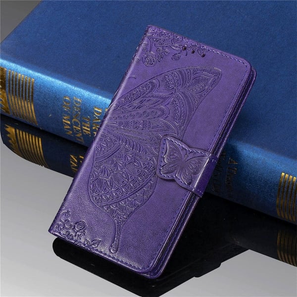 Imprint Big Butterfly Leather Wallet Phone Shell for Sony Xperia 5 II - Mørkelilla