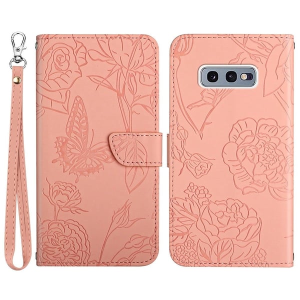 For Samsung Galaxy S10e PU lær sommerfuglblomsttrykt stativ flippdeksel Skin-touch Feeling Magnetisk foliodeksel med håndrem - Rosa