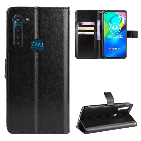 Crazy Horse Wallet lædercover med rem til Motorola Moto G8 Power - Sort