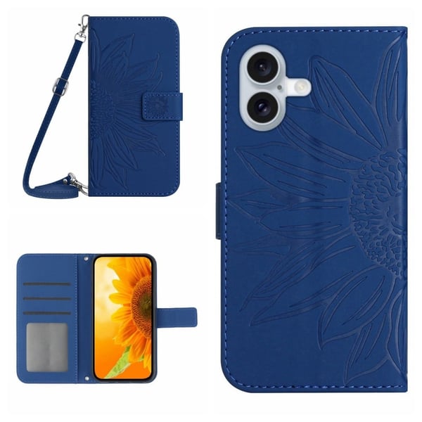 HT04 For iPhone 16 Plus-etui med skulderrem Lærdeksel Solsikkemønster - Safir HT04 For iPhone 16 Plus-etui med skulderrem Lærdeksel Solsikkemønster - Safir