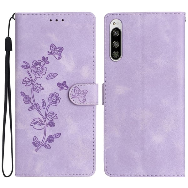 Skinnveske med blomsteravtrykk for Sony Xperia 5, lommebokstativ mobiltelefonbeskyttende deksel - Lilla