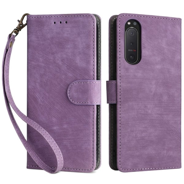 For Sony Xperia 5 II Etui Lommebok PU skinnstativ RFID-blokkerende telefondeksel med stropp - Lilla