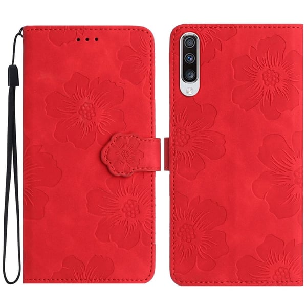 For Samsung Galaxy A50 / A50s / A30s Blomster påtrykt skinndeksel lommebokstativveske med stropp - Rød
