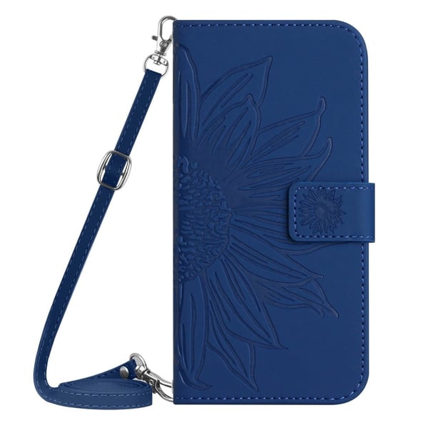 HT04 For iPhone 16 Etui Solsikke skinnskinn-telefondeksel med skulderrem - Safir