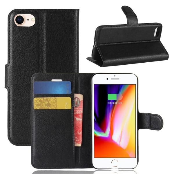 Standerfunktion Litchi Skin PU læderpung Magnetisk beskyttelsescover til iPhone 7/8 4,7 tommer/SE (2020)/SE (2022) - Sort