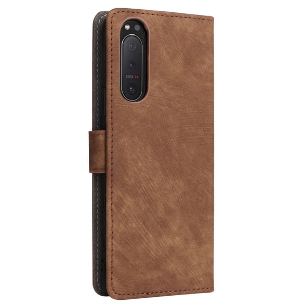 For Sony Xperia 5 II Etui Lommebok PU skinnstativ RFID-blokkerende telefondeksel med stropp - Brun