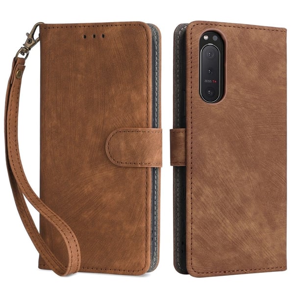 For Sony Xperia 5 II Etui Lommebok PU skinnstativ RFID-blokkerende telefondeksel med stropp - Brun