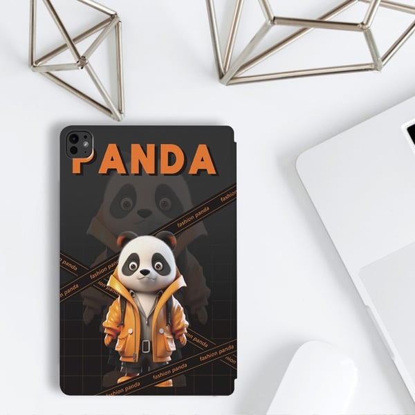 For iPad Pro 11 (2024) Etui Panda-mønster PU lærdeksel til nettbrett med sammenleggbart stativ - Trendy Panda / Oransje Frakk