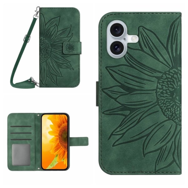 HT04 For iPhone 16 Plus-etui med skulderrem Lærdeksel Solsikkemønster - Mørkegrønn HT04 For iPhone 16 Plus-etui med skulderrem Lærdeksel Solsikkemønster - Mørkegrønn