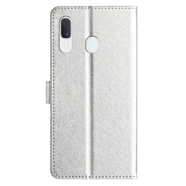 Magnetisk låsetui til Samsung Galaxy A20e Silk Texture Leather Wallet Stand godt beskyttet skall med håndrem - Sølv