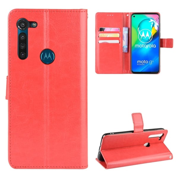 Crazy Horse Wallet Leather Deksel med stropp for Motorola Moto G8 Power - Rød