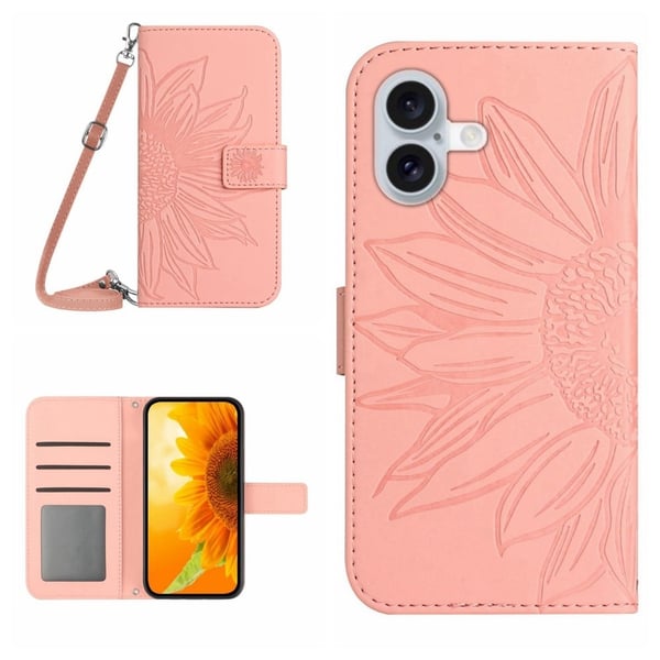 HT04 For iPhone 16 Etui Solsikke skinnskinn-telefondeksel med skulderrem - Lyserosa
