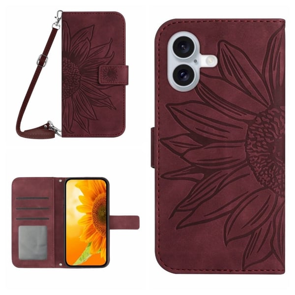 HT04 iPhone 16 tapauksessa auringonkukka Skin-Feel nahka puhelin kansi olkahihna - Viininpunainen